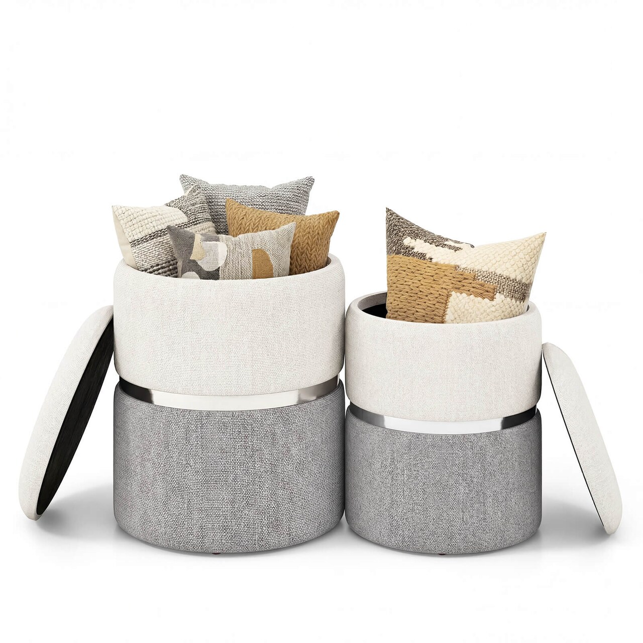 Costway Linen Fabric Storage Ottoman Set of 2 Modern Round Ottoman with Storage for Bedroom